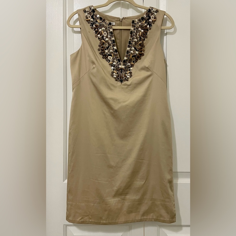 Maggie London Beaded V Neck Sheath Dress Size 6 Khaki Tan Global Work Casual
